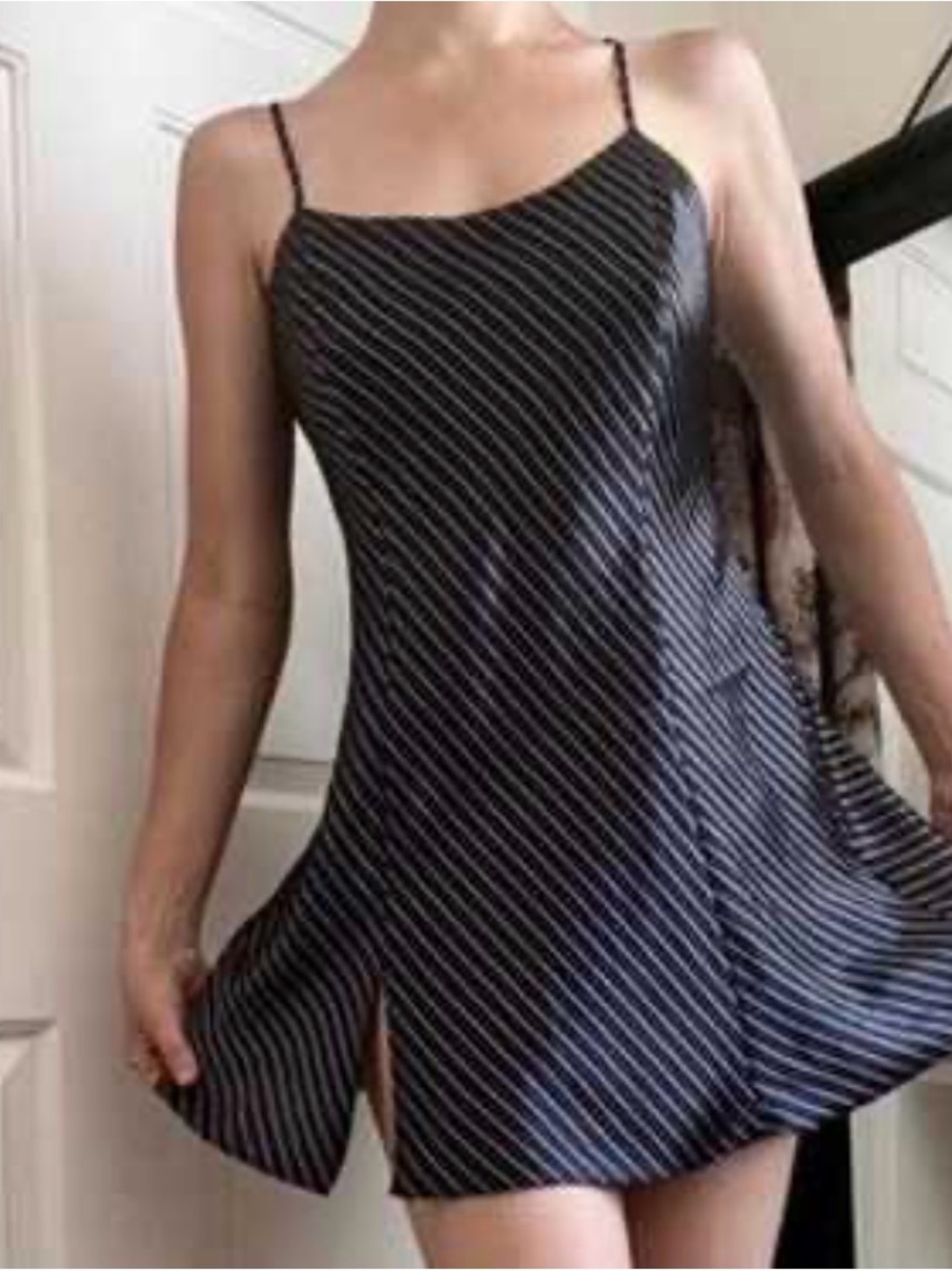 VTG Victoria’s Secret Satin Black & Gold Stripe Chemise Slip Mini Dress Y2K